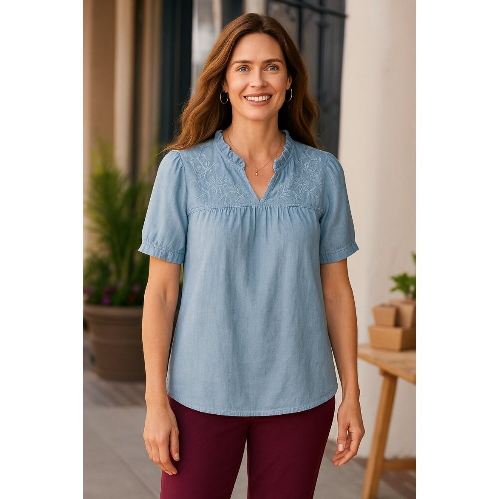Charter Club Blue Boho Embroidered Short Sleeve Blouse Floral Top Large